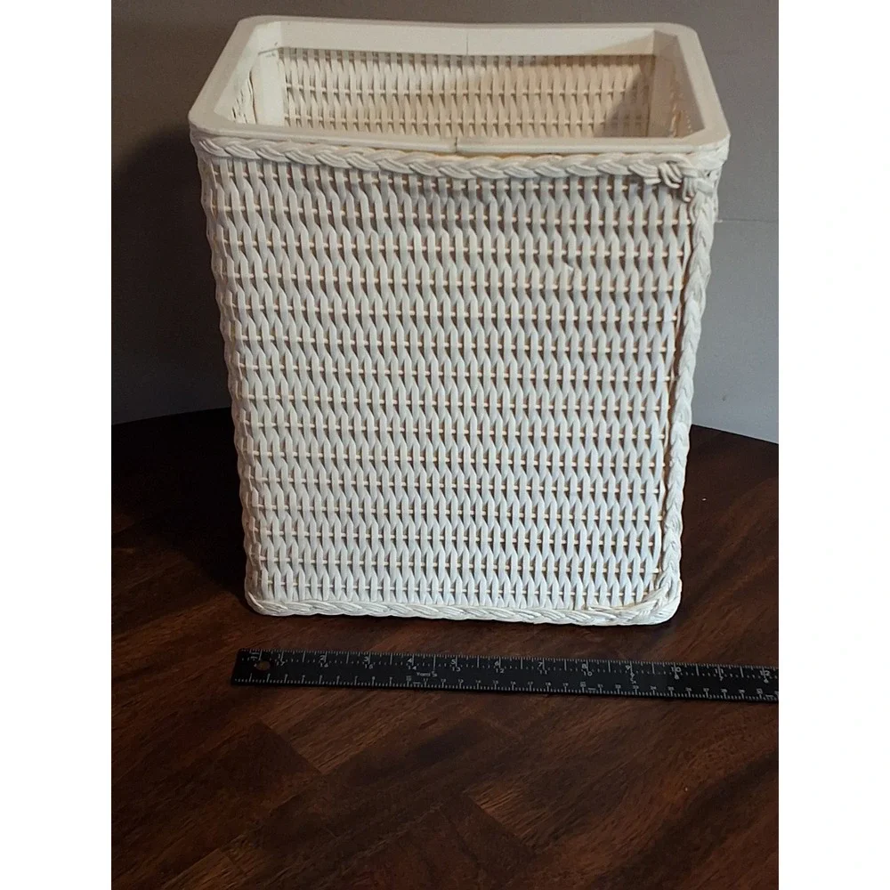 Vintage White Resin Wicker Wastebasket Rectangular Bathroom Trash Can See Pics